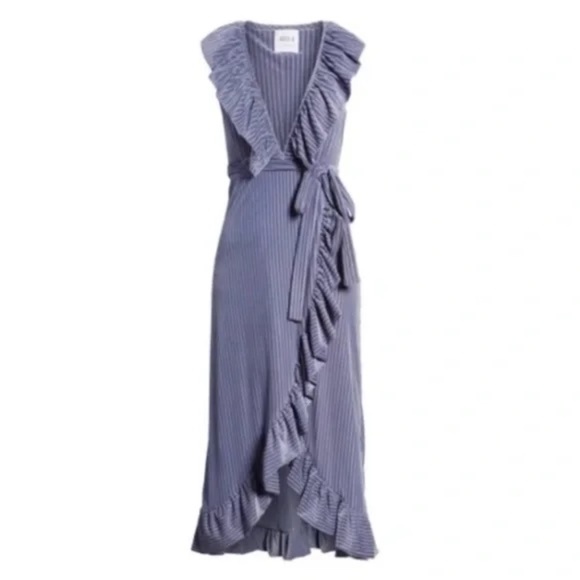 MISA Eve Pinstripe Velvet Ruffle Ribbed Wrap Midi Dress Lilac Blue S - Picture 2 of 10